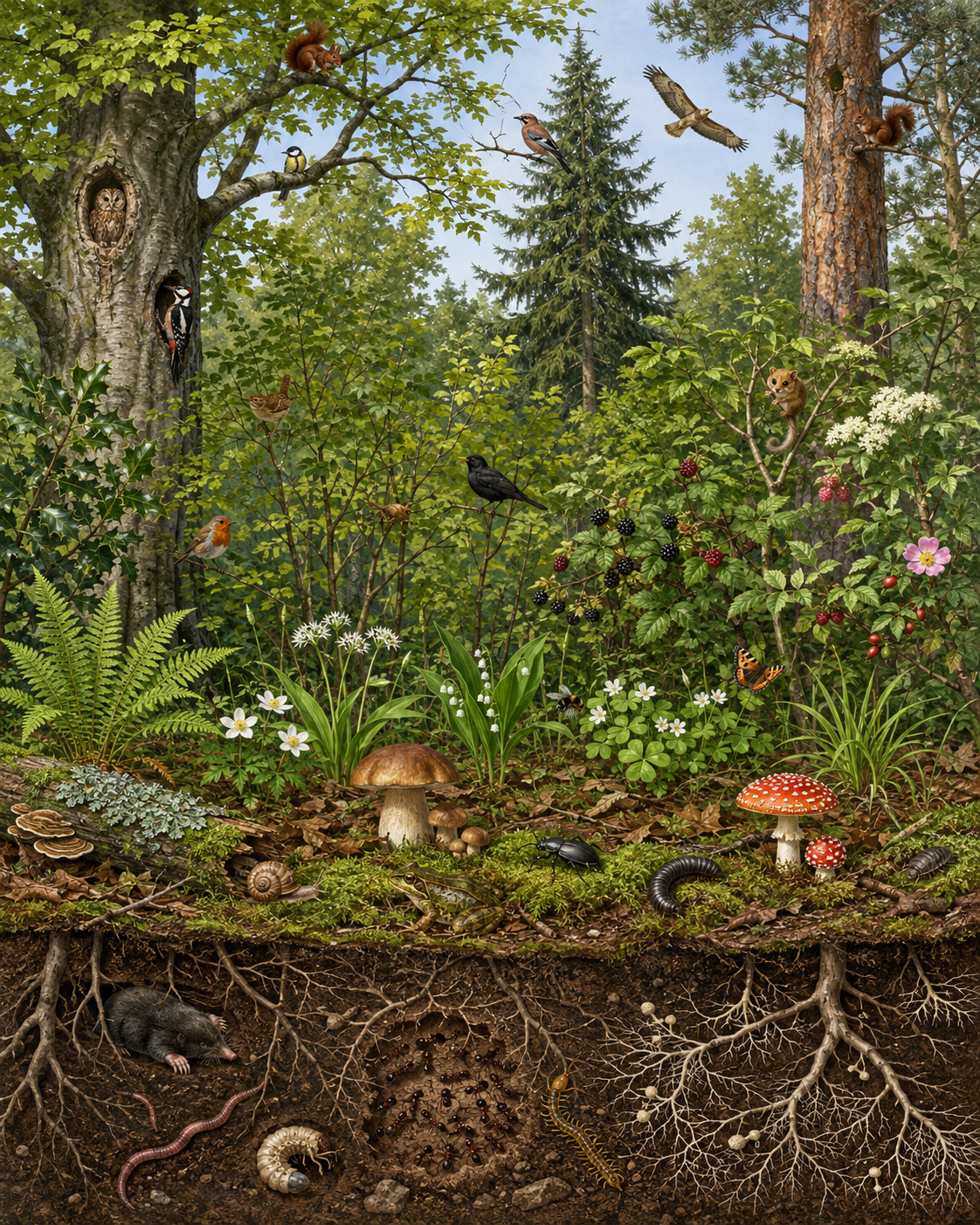 Naturkundliche Schautafel mit den Stockwerken eines mitteleuropäischen Waldes, Pflanzen, Tieren und unterirdischer Wurzelschicht.