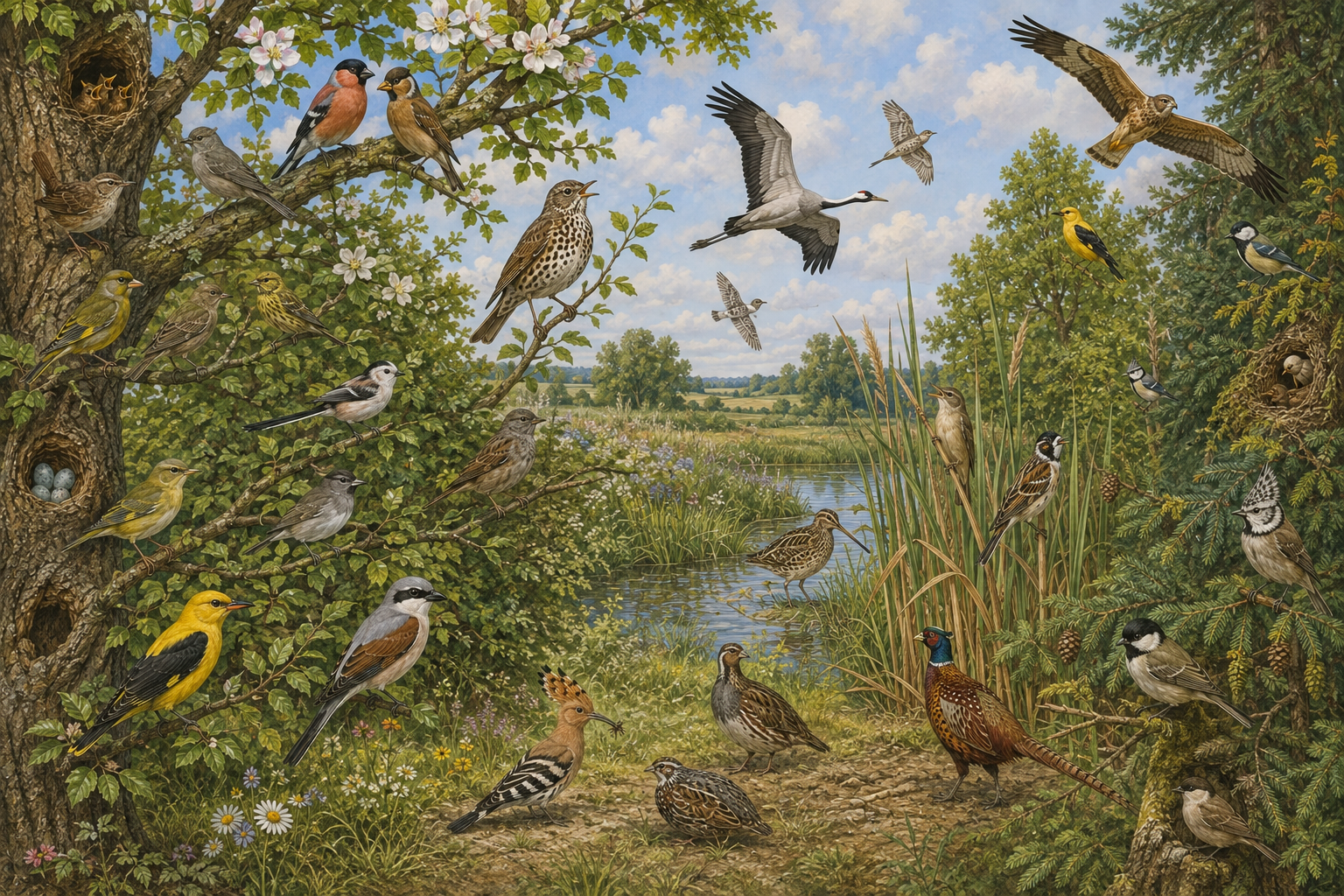 Klassische Lehrtafel mit vielen deutschen Vogelarten in Hecke, Obstbaum, Wiese, Röhricht und Gewässerrand.