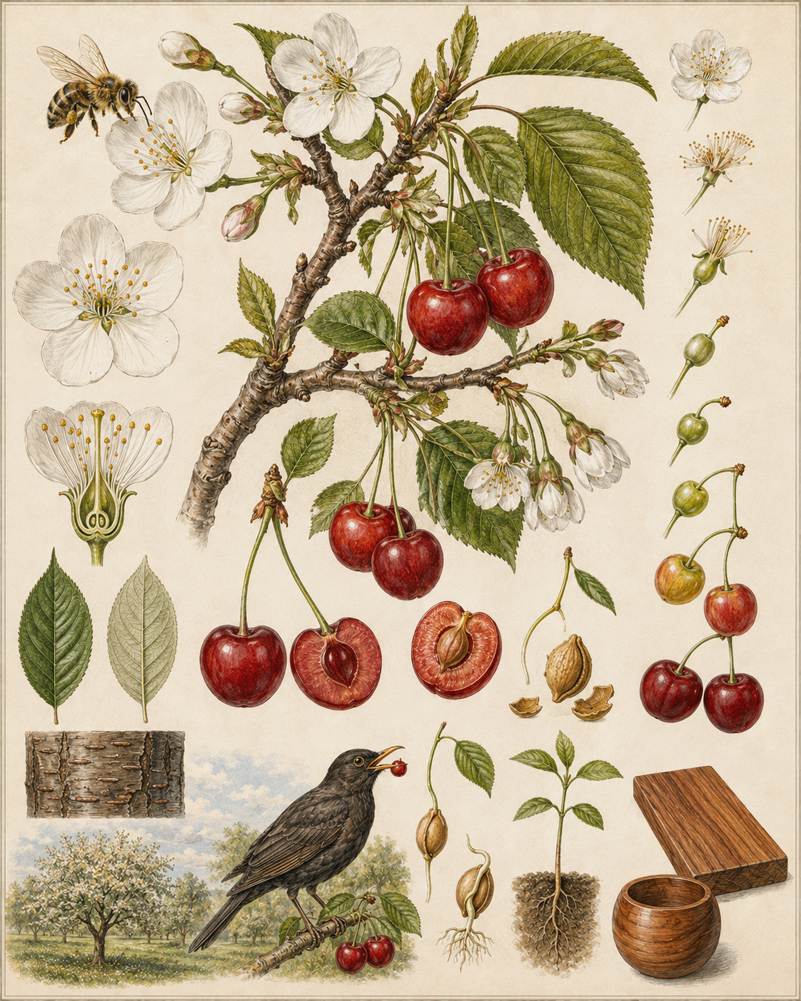 Botanische Lehrtafel zur Kirsche mit Bestäubung, Blütenbau, Fruchtentwicklung, Blättern, Rinde, Samen, Keimung, Vogelverbreitung und Holznutzung.