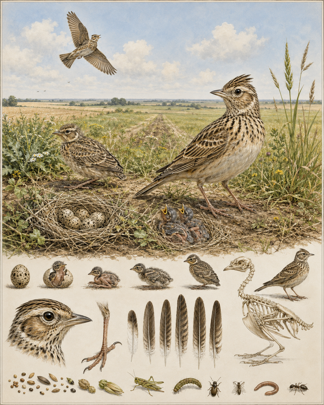 Naturkundliche Schautafel zur Feldlerche mit erwachsenem Vogel, Singflug, Bodenbrut, Entwicklungsstadien, Körperbau, Skelett, Federn und Nahrung.