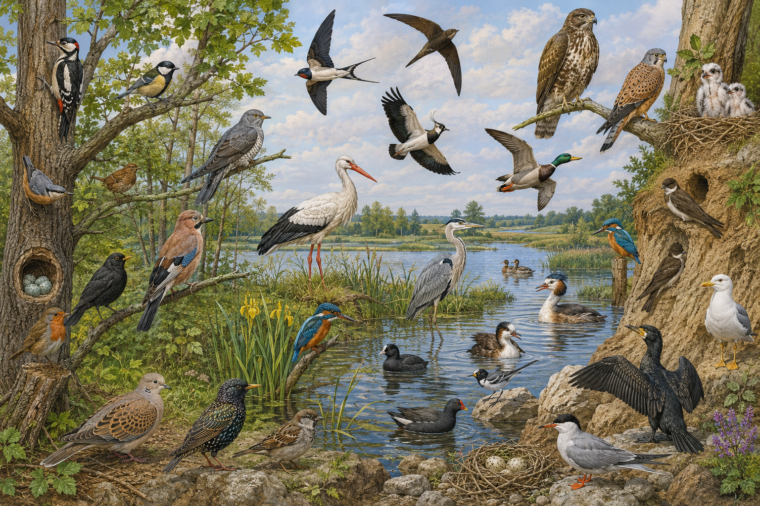 Große naturkundliche Lehrtafel mit deutschen Vögeln in Wald-, Ufer- und Gewässerlebensräumen.