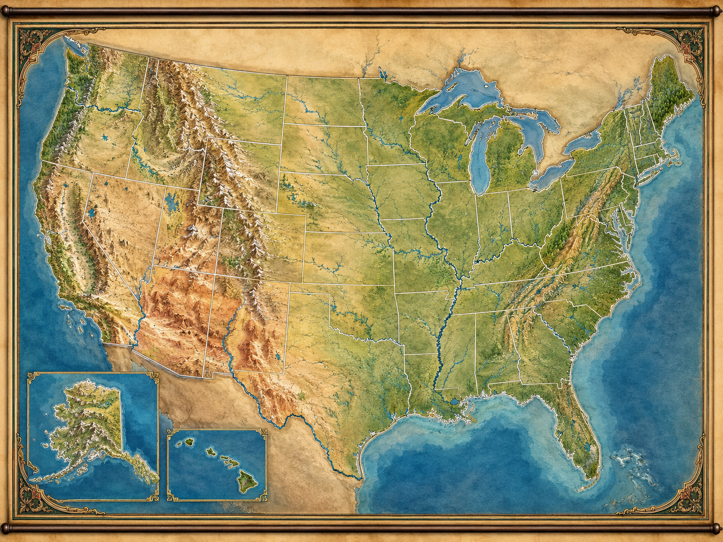Physische USA-Karte mit Bundesstaaten, Relief, Gebirgen und Flüssen.