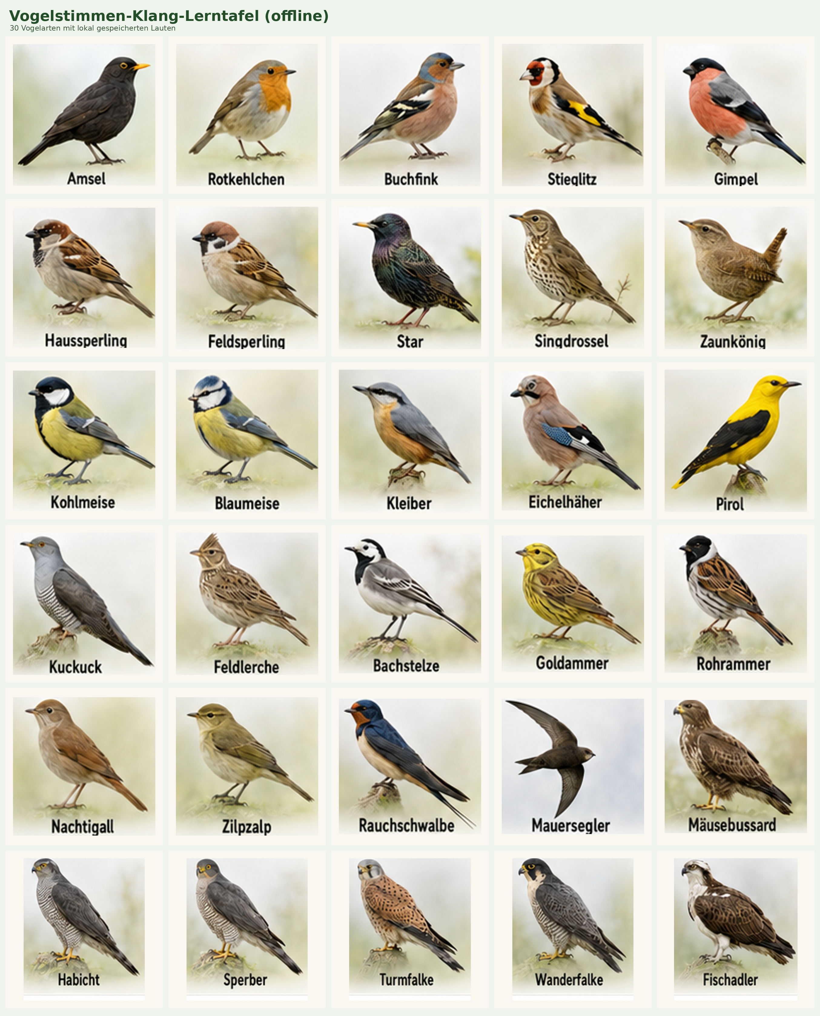 Gesamtübersicht aller enthaltenen Vogelkarten
